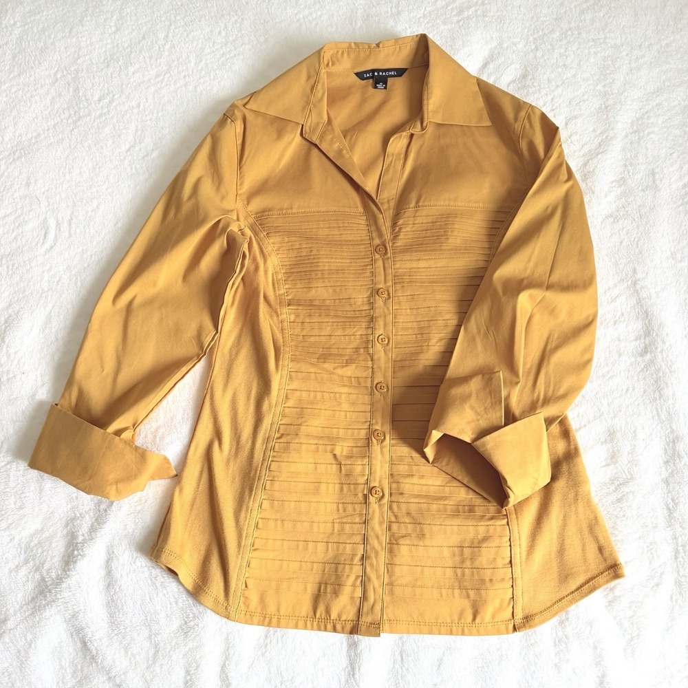 Zac & Rachel Blouse Womens Medium Mustard Yellow Pintuck 3/4 Sleeve Top
